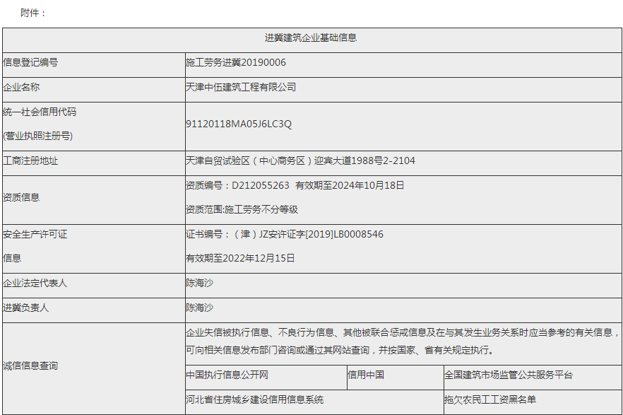 天津中伍建筑工程有限公司進冀信息的公示 天津中伍建筑工程有限公司進冀信息的公示